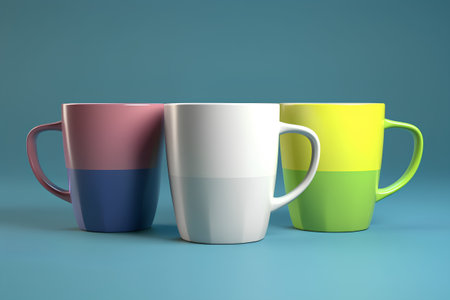 Three colorful mugs on a blue background. 3d rendering.の素材