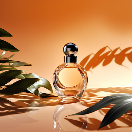 Perfume bottle with tropical leaves on orange background. 3d illustrationの素材
