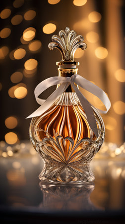 Perfume bottle with gold bow on bokeh background.の素材