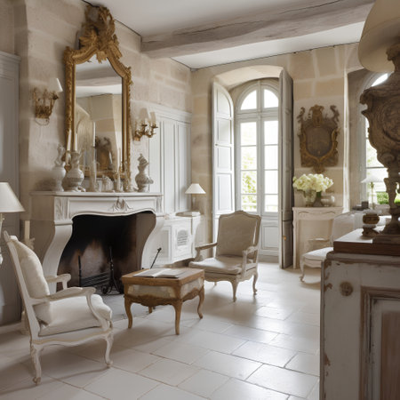 Luxury classic interior of living room with fireplace and armchairの素材