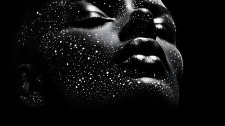 Black and white portrait of a beautiful woman with water drops on her faceの素材