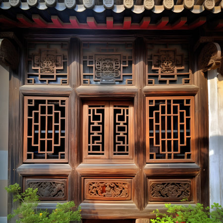 Traditional chinese wooden window in a temple, closeup of photoの素材