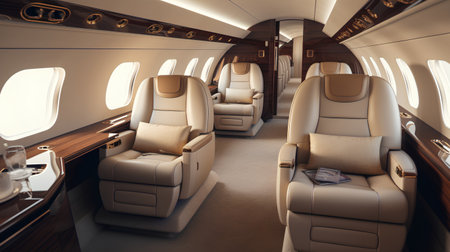 Airplane interior with leather seats and seats. 3d rendering.の素材