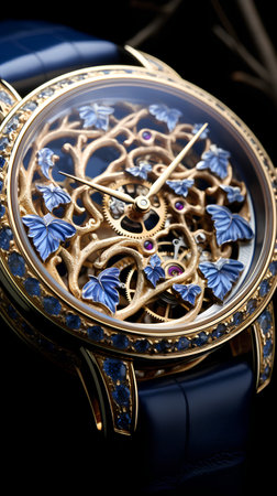 Wristwatch with blue flowers on a black background close-upの素材