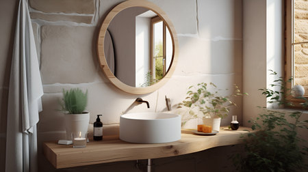 Interior of modern bathroom with white walls, concrete floor, comfortable white bathtub and round mirror. 3d renderingの素材