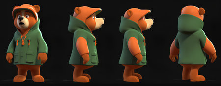 Cartoon bear in green raincoat with orange hood. 3d renderの素材
