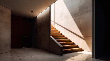 Wooden stairs in a modern building. 3d rendering image.の素材