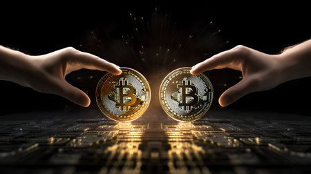 Bitcoin cryptocurrency coin with human hands on dark background. 3D renderingの素材