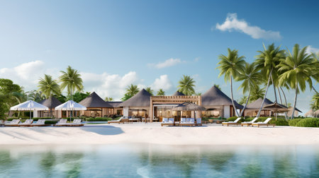 3d rendering of a tropical beach with palm trees and bungalowsの素材