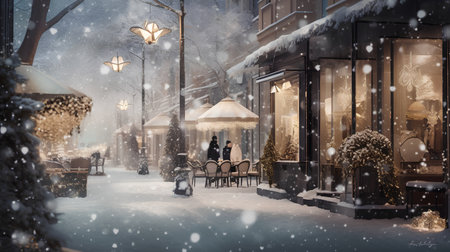 Beautiful winter city street cafe with snowfall. Christmas and New Year concept.の素材