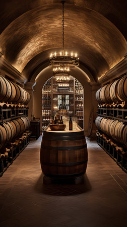 Wine barrels in the cellar of a winery. 3D renderingの素材