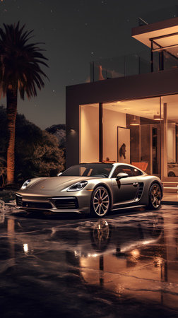 3D rendering of a brand-less generic concept car in front of a modern houseの素材