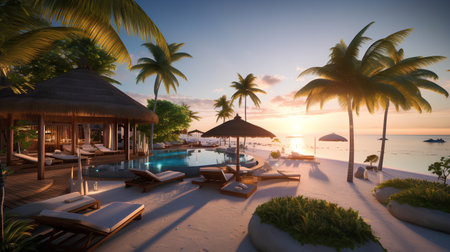Beautiful tropical Maldives island with beach and sea for nature holiday vacation background concept - Vintage Filter and Boost up color Processingの素材