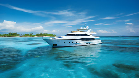 White luxury yacht in turquoise water on tropical island. 3d renderの素材