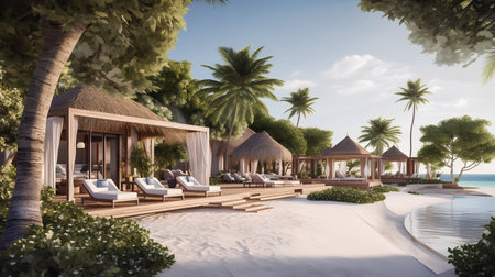 3D rendering of a luxury villa with swimming pool in Maldivesの素材
