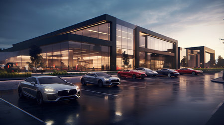 Modern office building with car parked in the parking lot. 3d renderingの素材