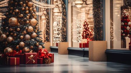 Christmas tree with gifts in the interior of a luxury shopping mall.の素材