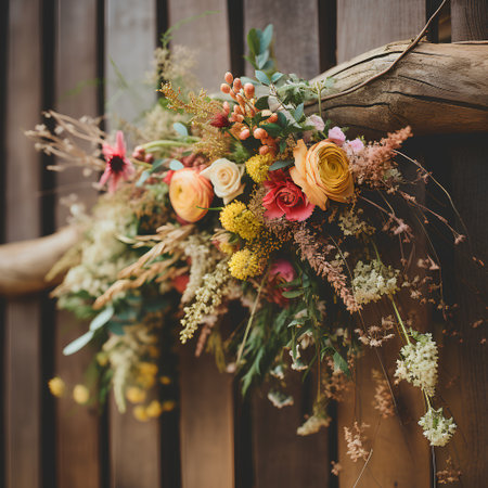 beautiful bouquet of different flowers on a wooden background, vintage tonedの素材