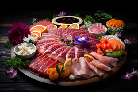 Slices of fresh raw meat with vegetables and herbs on wooden backgroundの素材