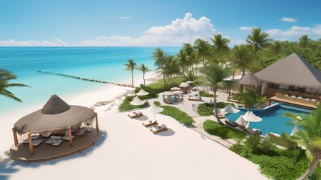 tropical resort on the beach. 3d render concept of summer vacationの素材