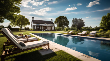 Luxury villa with swimming pool in summer. 3d renderingの素材