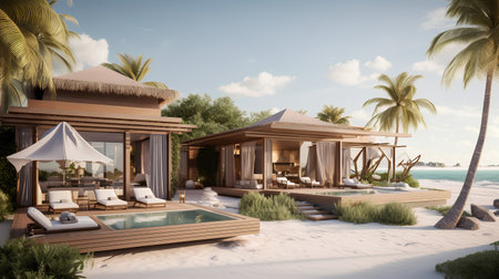 3d rendering of a beautiful tropical beach villa with swimming poolの素材