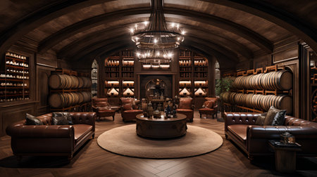 3D rendering of a wine cellar with wine barrels and leather armchairsの素材