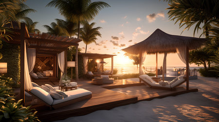 3D render of a luxury villa on the beach at sunsetの素材
