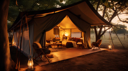 Tent in the forest with a view of the lake at sunsetの素材