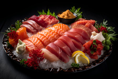 Japanese food Sashimi platter with salmon, tuna, sashimi, caviar, wasabi and gingerの素材