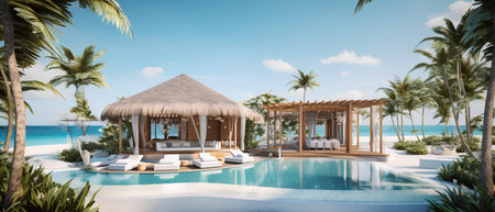 Swimming pool in luxury villa on exotic island. 3d renderingの素材