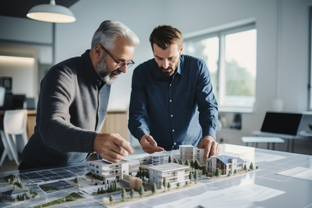 Two businessmen are discussing the construction of a new apartment. They are sitting at the table and looking at the model of the house.の素材
