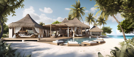 3D rendering of a tropical villa in the Maldives.の素材