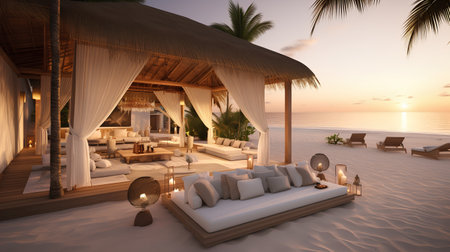 3D rendering of a luxury villa on the beach at sunsetの素材