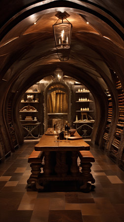 Wine cellar with wooden table and wine bottles. 3d renderingの素材