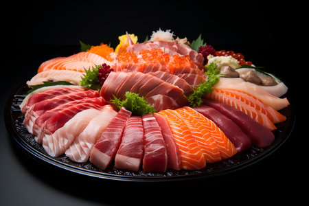 Sashimi platter with salmon, tuna and tuna on black backgroundの素材