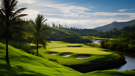 Golf course with green grass, blue sky and beautiful clouds.の素材