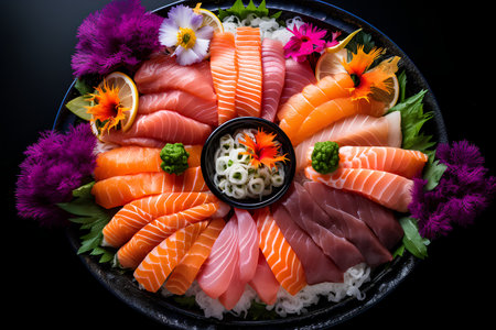 Sashimi platter with salmon, tuna, shrimp, sashimi and vegetables on black backgroundの素材