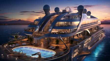 Cruise ship on the sea at sunset. 3D rendering.の素材