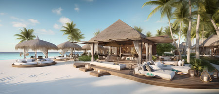 3D rendering of a tropical beach villa in Maldives.の素材