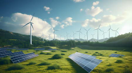 solar energy panels and wind turbines in green landscape 3d renderingの素材