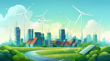 Ecology city background with wind turbines and solar panels. Alternative energy source. Vector illustrationの素材