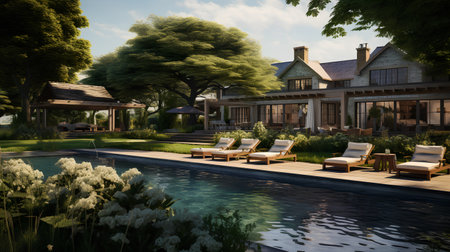 3d rendering of modern cozy chalet with pool and parking for sale or rent. Beautiful summer evening in the garden.の素材