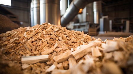 Pile of wood shavings at a woodworking factory.の素材
