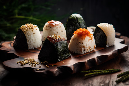 Japanese cuisine. Sushi rolls with rice and seaweed on a wooden boardの素材
