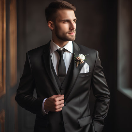 Elegant young handsome man in black suit. Studio fashion portrait.の素材