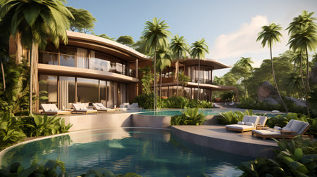 3D rendering of modern cozy house with pool and parking for sale or rentの素材
