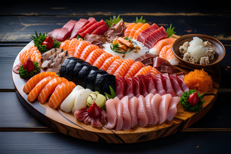 Japanese food Sashimi platter on dark wooden background, top viewの素材