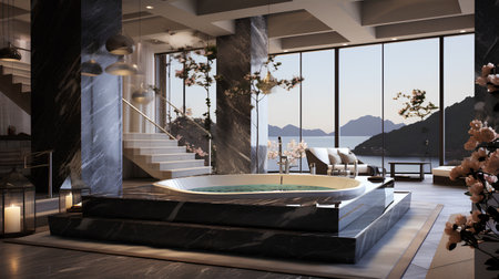 3d rendering luxury bathroom and spa with view on the mountains.の素材