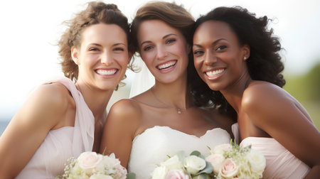 Portrait of three bridesmaids smiling at camera with bouquetの素材